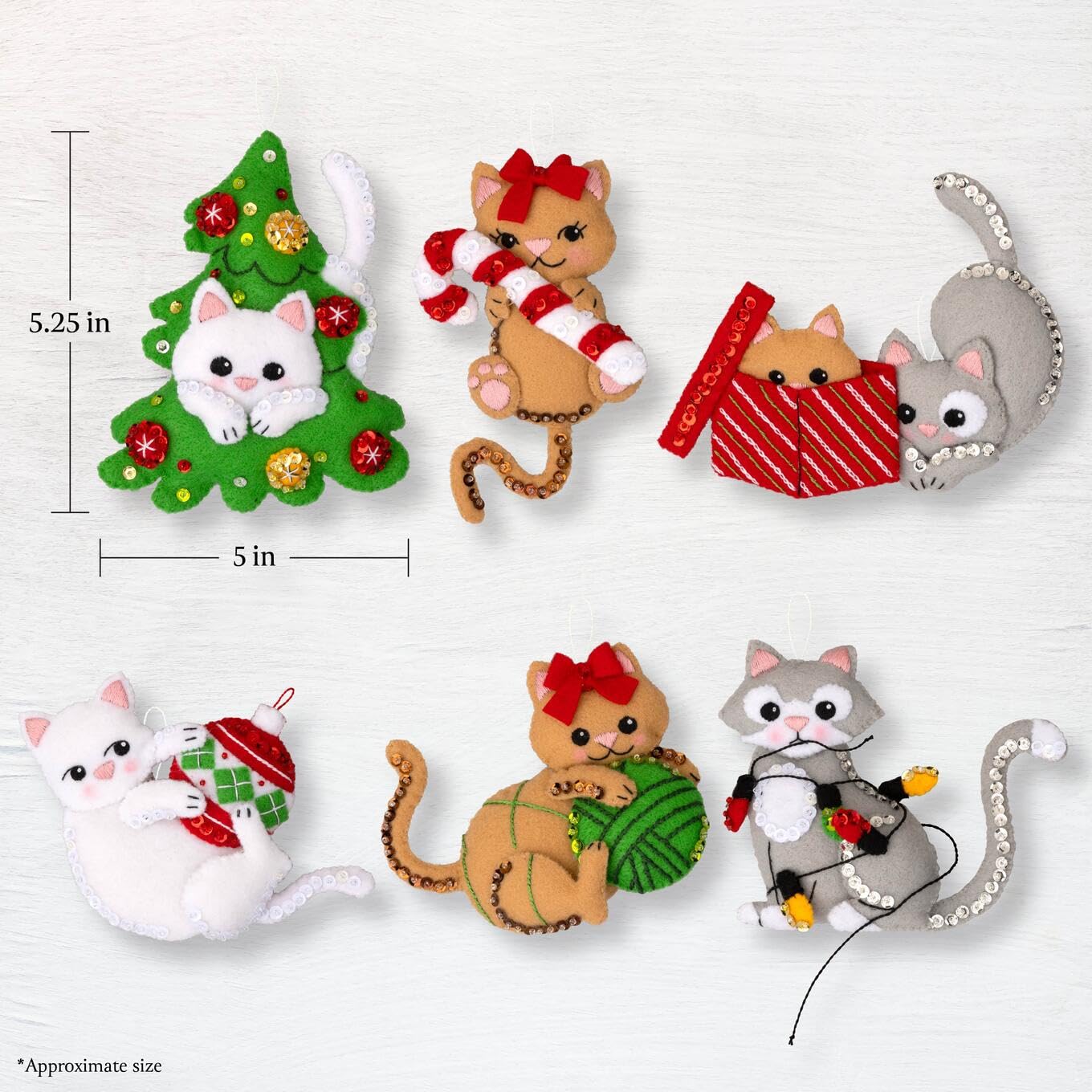 Bucilla, Frisky Kitties, Felt Applique 6 Piece Ornament Making Kit, Perfect for Holiday DIY Arts and Crafts, 89643E
