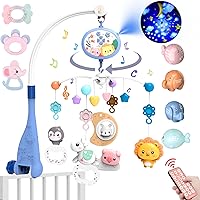 Remote Control Crib Toy,with Remote Starry Sky Projector and Crib Hanging Toy, Can Be Rotated 360°,Timed,Musical,Baby Cradle Mobile Toy, Suitable for Newborn Baby Gifts (Blue + Charging Models)