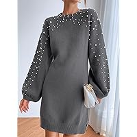 Sweater Dress for Women Pearls Beaded Lantern Sleeve Sweater Dress (Color : Dark Grey, Size : Small)