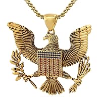 Beautiful Eagle Fly Charms Pendant With Chain USA Flag Round Gemstone Gold Plated 925 Silver