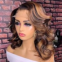 1B 30 Ombre Color Body Wave Short Bob Highlight Wig Short Loose Wavy 13x6 HD Transparent Lace Frontal Human Hair Wig with Baby Hair Bleached Knots Glueless Brazilian Virgin Human Hair Wigs for Women 16