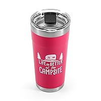 Camco Life is Better at The Campsite Tumbler | Heavy Duty Double Wall Vacuum Insulation | Crafted of 18/8 Stainless Steel | Unique “Life is Better at The Campsite” Design on Coral Pink | 20-oz (53061)
