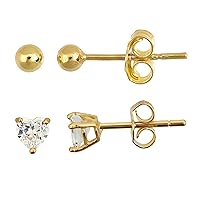 Sterling Silver Yellow 2mm High Polish Ball & 4mm AAA Heart Solitaire Stud Earring Set