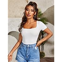 Women's Tops Sexy Tops for Women Women's Shirts Square Neck Slim T-Shirt Shirts for Women (Color : White, Size : XX-Small)