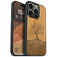 Carveit Magnetic Wood Case for iPhone 15 Pro Case [Solid Wood & Black Soft TPU] Shockproof Protective Cover Unique Wooden Case Compatible with magsafe (Tree with Roots -Cherry)