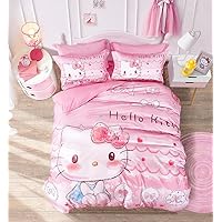 CASA 100% Cotton Kids Bedding Set Girls Hello Kitty Pink Duvet Cover and Pillow Cases and Fitted Sheet,4 Pieces,Full