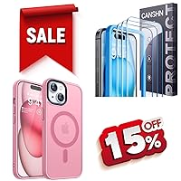CANSHN Magnetic Case for iPhone 15 Case Pink + 3 Pack iPhone 15 Screen Protector Tempered Glass - 6.1 Inch