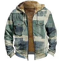 Flannel Jacket for Men Sherpa Fleece Lined Zipper Hoodies Long Sleeve Vintage Print Coats Fall Winter Jackets