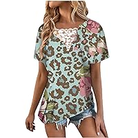 Women Flower Lace Patchwork Leopard Asymmetrical Tops Summer Short Sleeve Button Ruched Fashion Casual Tunic Shirts