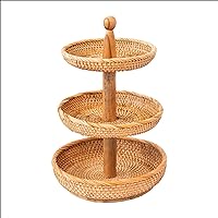 3-Tier Knited Rattan Wicker Serving Standing Trays, Rustic Tiered Serving Stands for Parties, Picnics, Kitchen, Serving Stands for Food Storage, Fruit and Dessert Holder