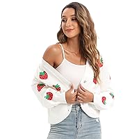Women's V-Neck Knit Floral Pattern Cardigan Strawberries Embroidery Lantern Long Sleevee Cropped Sweater Tops