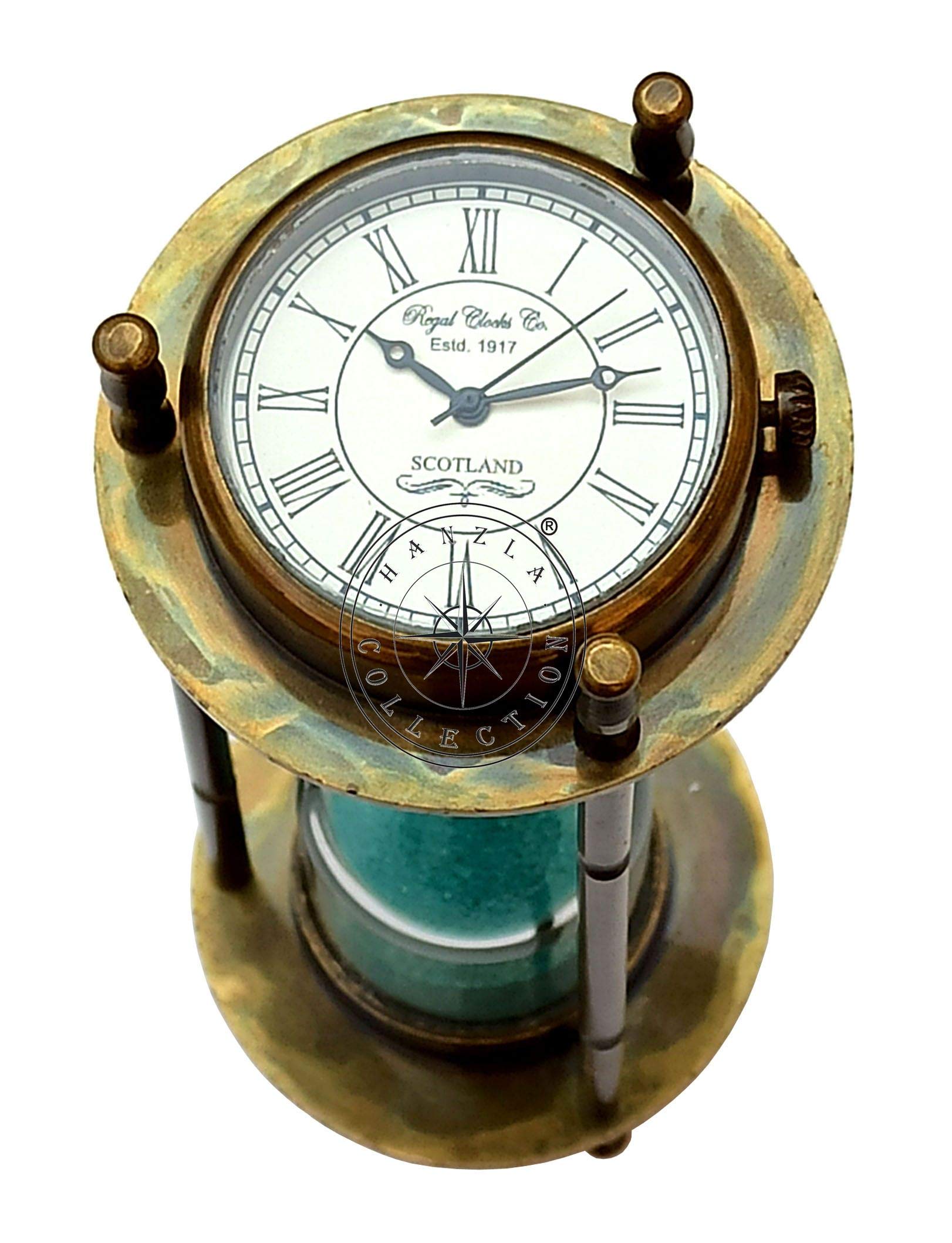 Hanzla Collection Marine Antique Brass Compass Hourglass Nautical Maritime Sand Timer & Desk Clock