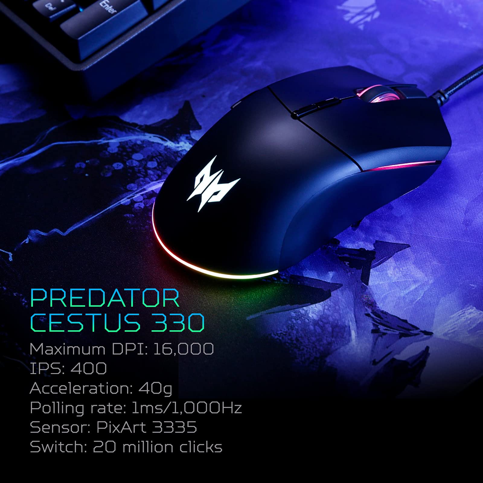 Acer Predator Cestus 330 Gaming Mouse with PixArt 3335 Sensor, Adjustable DPI Settings, 16.8 Million RGB Color Lighting Combinations & NVIDIA Reflex