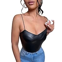 MakeMeChic Women's Faux Leather Tank Top PU Leather Vest Cami Top