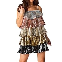Multitrust Women Sequin Glitter Layered Mini Dress Spaghetti Strap Sparkle Party Clubwear Dresses