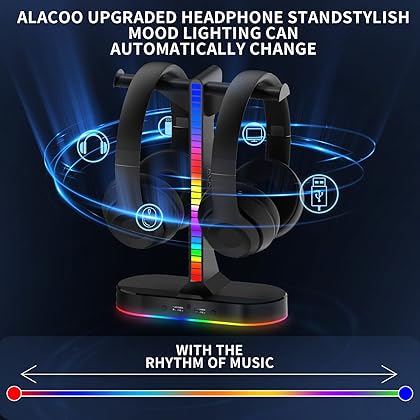 RGB Headset Holder- Gaming Headphone Stand, Headset Stand with 2USB Port and 3.5mm Audio Port, Adjustable Ambient Light and Auto-Sensing Rhythm Light, Gamers Desktop Gaming Earphone Accessories.