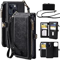 MInCYB Wallet Case Compatible with iPhone 13 Pro, Zipper Case with RFID Blocking Card Holder Slot, Magnetic Detachable Zipper Purse with Wristlet Strap, Leather Cover for iPhone 13 Pro. Black