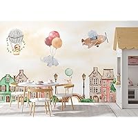 Kids Wallpaper Cute Dutch Houses with Flying Animals Wall Mural (STYLE 2)
