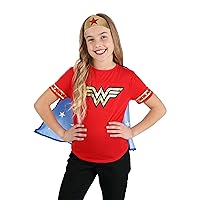 Girl's Casual Wonder Woman Costume, Red White & Blue Shirt, Superhero Outfit with Cape & Foam Tiara Accessory