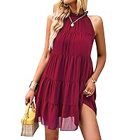 GAOVOT Women's Casual Sleeveless Mini Dress Halter Neck Summer Beach Dresses Backless Solid Flowy Tiered Short Dress