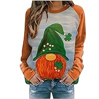 St Patricks Day Sweatshirt for Women Shamrock Gnome Printed Long Sleeve Tops Fashion Irish Festival Holiday Tee Causal Top