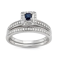 1/2 Carat Total Weight (cttw) 10K Wedding Rings with Blue Sapphire/Emerald Gemstone - Diamond Halo Bridal Ring for Women