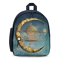 Steampunk Gold Moon and Vessel Mini Travel Backpack Casual Lightweight Hiking Shoulders Bags with Side Pockets