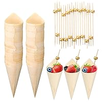 Queekay 200 Pcs Disposable Wood Cones Pearl Cocktail Picks Fancy Bamboo Toothpicks for Appetizers Wooden Food Picks Ice Cream Cone Holder Cocktail Skewers for Drinks Wedding Birthday Party (Gold)
