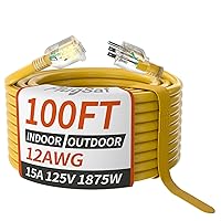 100ft 12/3 Gauge Outdoor Extension Cord Waterproof with Lighted Indicator,12 Gauge SJTW Heavy Duty 15Amp 1875W,3 Prong Cords Flexible 100% Copper Yellow ETL Listed
