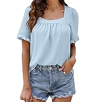 EFOFEI Womens Summer Basic Blouse Short Sleeve Square Neck Shirts Loose Fit Solid Color Tees