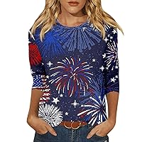 Womens Tops Casual 3/4 Sleeves American Flag Loose Round Neck Blouses Stars Stripes Patriotic T Shirt 2024 S-3XL