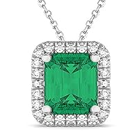(3.11ct) 14k White Gold Emerald-Cut Emerald and Diamond Accented Halo Pendant Necklace