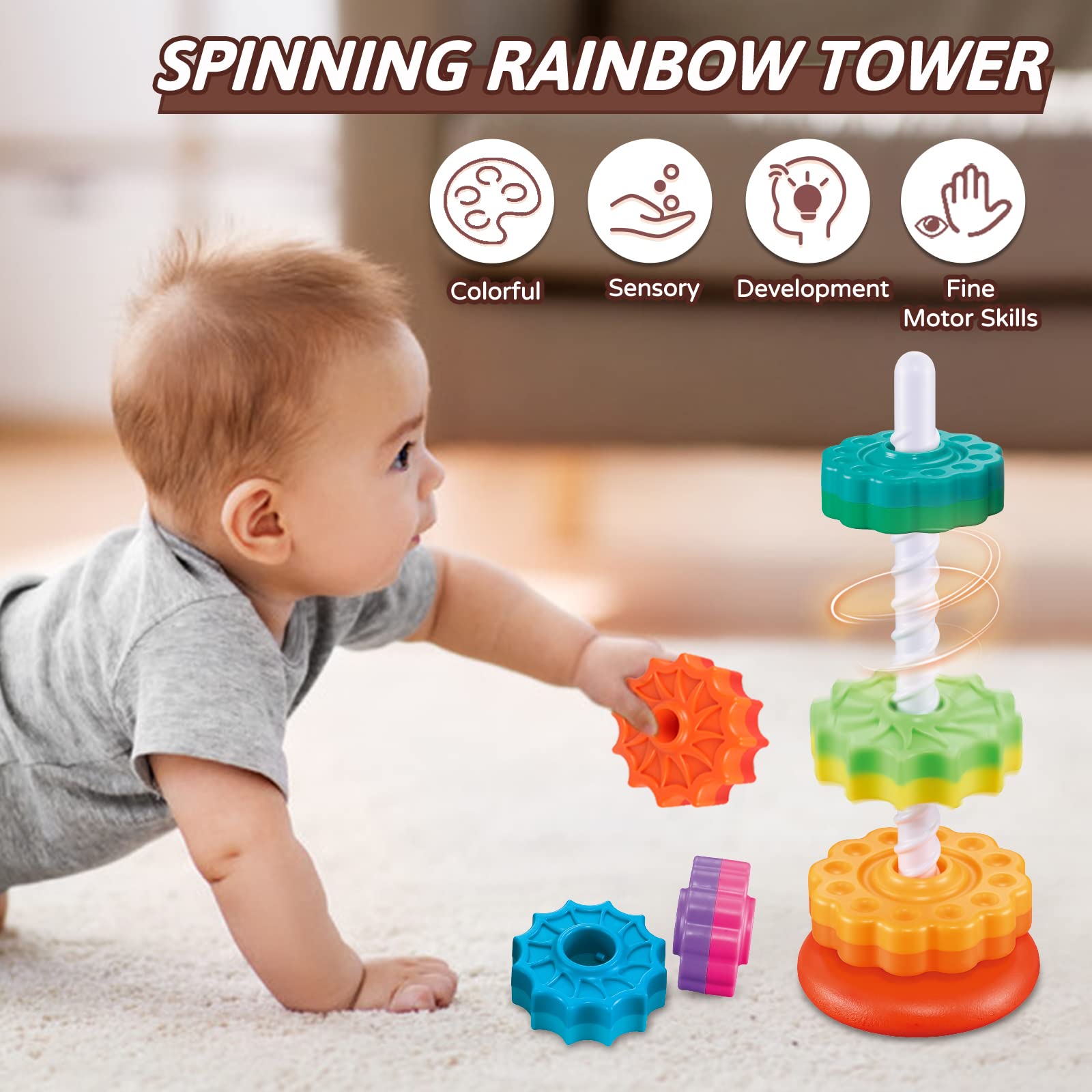 JUXUE Baby Spinning Stacking Toys for Toddlers 1-3, Rainbow Ring Stacker Montessori Toys for Babies 6-12 Months, 1 2 3 One Year Old Girl Boy Christmas Birthday Gifts, Autism Sensory Learning Toy