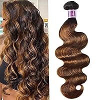 UNice Ombre Brown Highlight Body Wave Human Hair Weave 1 bundle 28 inch, Brazilian Remy Hair Dark Root Blonde Human Hair Weaves Extension Piano Color TFB30
