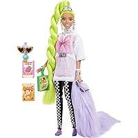 Barbie Extra Doll and Barbie Accessories with Neon Green Hair, Feather Boa and Pet Parrot