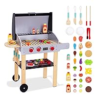 Wooden Play Barbecue Toy Grill, Kids Grill Playset with Play Food and Grilling Tools, Play Kitchen Accessories for Toddlers Boys Girls Age 3+
