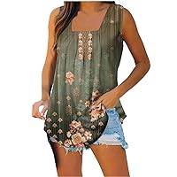 Women Square Neck Ethnic Flower Print Tunic Tank Tops Summer Fashion Casual Loose Fit Sleeveless Beach T-Shirts