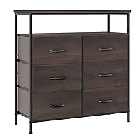 Dresser for Bedroom, 6 Drawer Dresser, Chest of Drawers with Storage Bins, Wood Top Storage Drawers Fabric Storage Tower for Closet, Clothes, Kids, Tv Stand (Dark Brown)