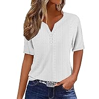 Summer Tops for Women 2024 Short Sleeve Button V Neck Tshirts Trendy Dressy Casual Blouses Loose Fit Eyelet Tunics