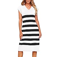 PRETTYGARDEN Women's Casual Summer Dress Cap Sleeve V Neck Stripe Knitted Loose Shift Dresses