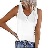 Ribbed Stretch Tank Tops for Women Button V Neck Sleeveless T-Shirts Summer Slim Fit Henley Shirts for Going Out