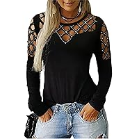 Women Tops T-Shirt Hollow-Out Cold Shoulder Long Sleeve Rhinestone Studded Casual Blouse Shirts with Diamond