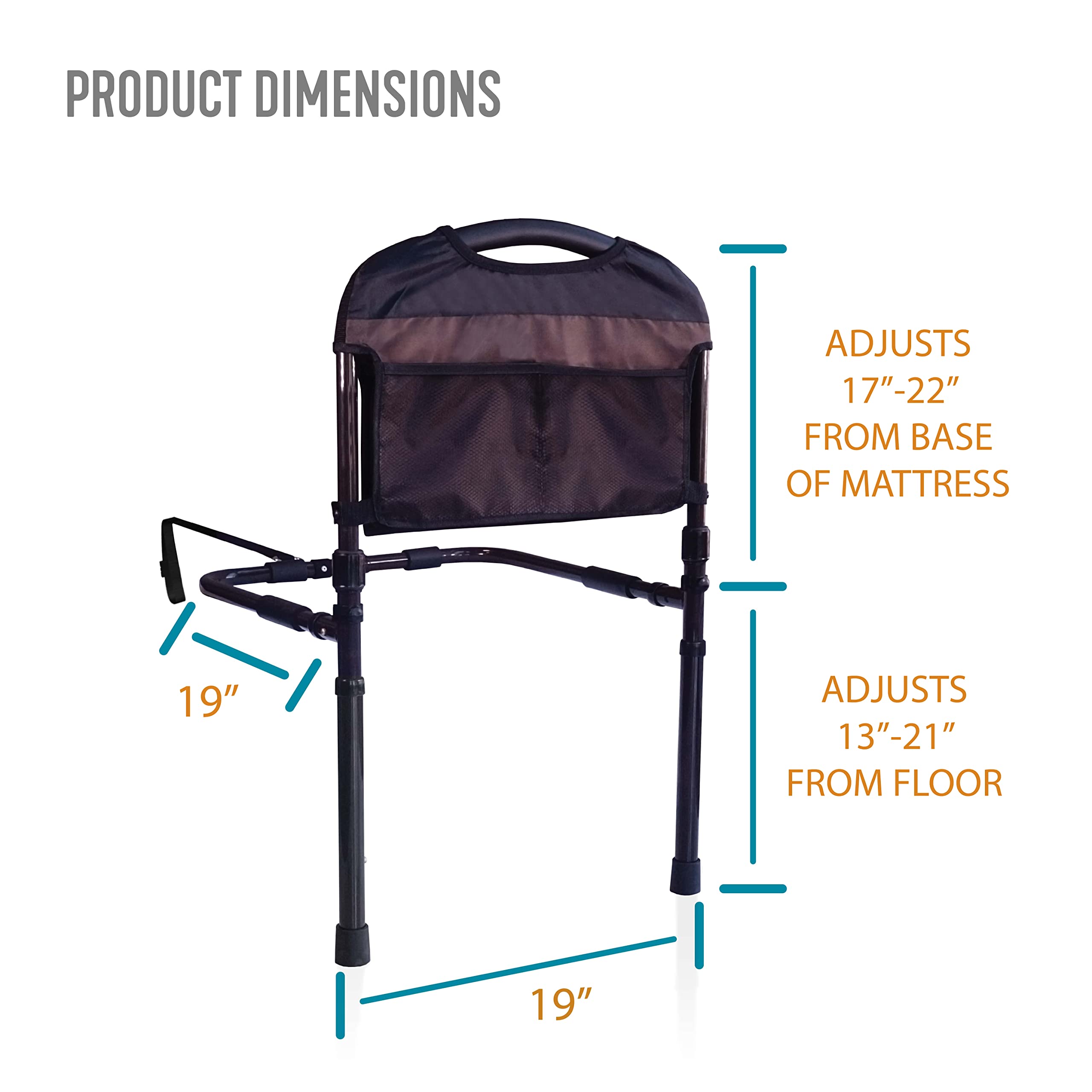 Stander Stable Rail, Bed Assist Rail for Elderly Adults, Senior Bed Handle with Adjustable Legs and Organizer Pouch