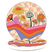 Boho Ceramic Car Coasters, Aesthetic Fun Car Accessories for Women, Cute Hippie Car Decor (Pink)