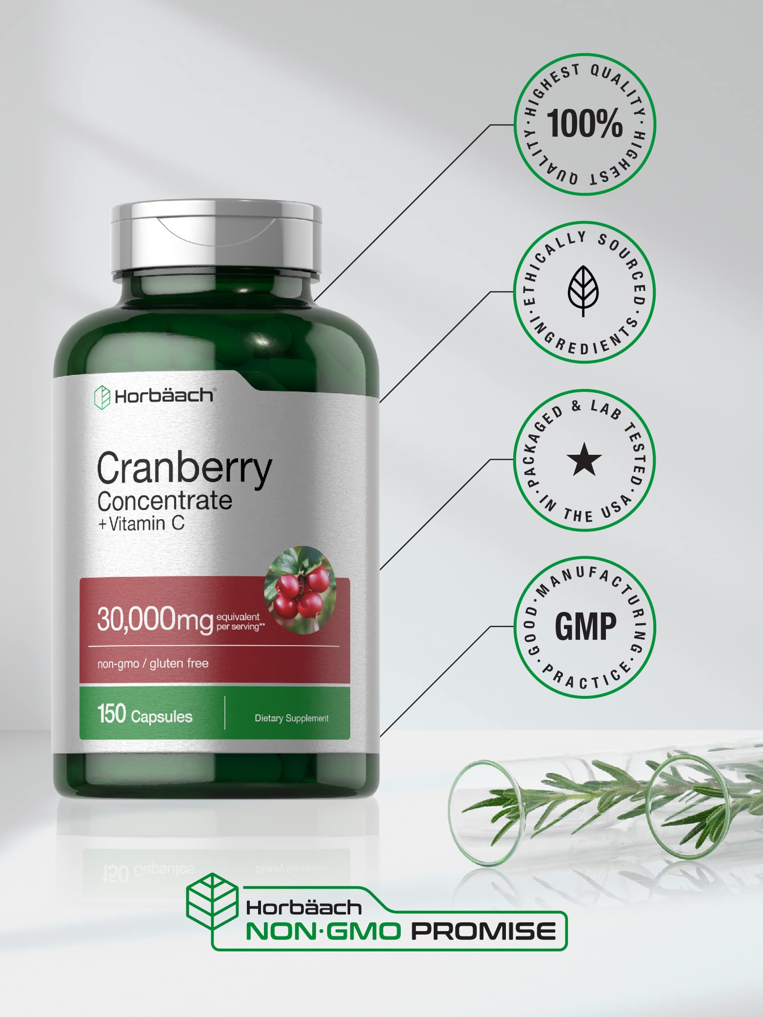 Cranberry Concentrate Extract + Vitamin C | 30,000mg | 150 Capsules | Triple Strength Ultimate Potency Formula | Non-GMO and Gluten Free Cranberry Pills Supplement | by Horbaach