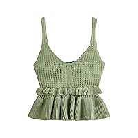 SweatyRocks Women's Casual Knit Top Sleeveless Ruffle Hem V Neck Peplum Crop Tank Top