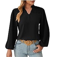 Deals Of The Day Lightning Deals Women Lantern Sleeve T Shirt Smocked V Neck Long Sleeves Blouses Dressy Casual Tunic Solid Sexy Elegant Tops Spring Outfits For Women