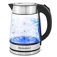 Elite Gourmet EKT-602 Electric BPA-Free Glass Kettle, Cordless 360° Base, Stylish Blue LED Interior, Handy Auto Shut-Off Function – Quickly Boil Water For Tea & More