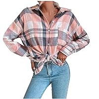 Plaid Long Shacket for Women Lapel Button Down Long Sleeve Shirts Color Block Casual Coat Fall Fashion Outfits 2023