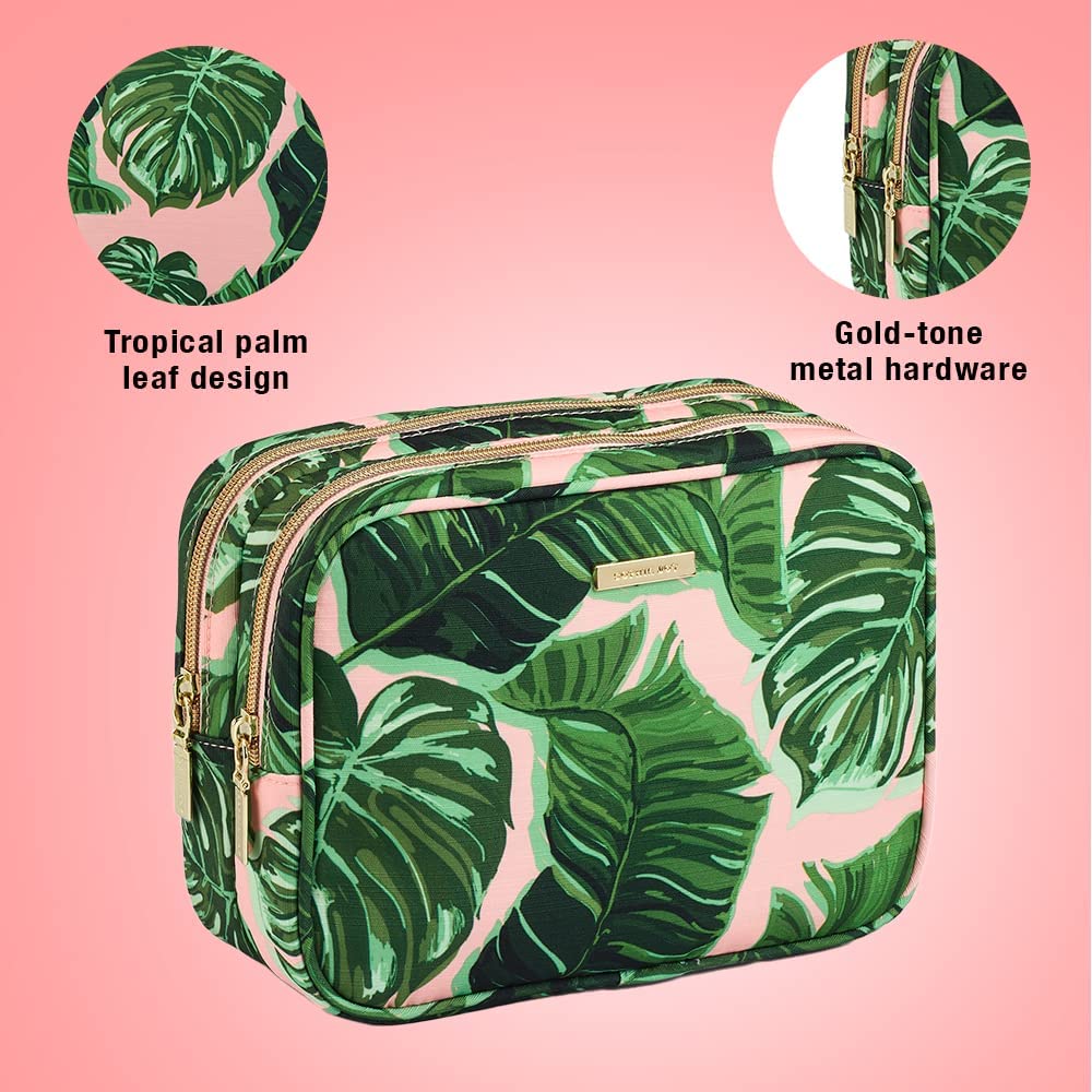 Conair Makeup Bag, Large Double Zip Toiletry and Cosmetic Bag, Perfect Size for Use At Home or Travel, Double Zip Organizer Shape in Pink Palm Print